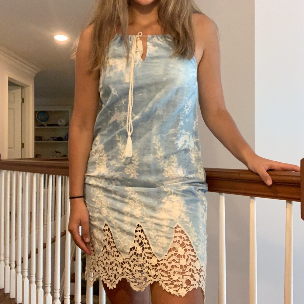 Denim Dress with White Lace Detail